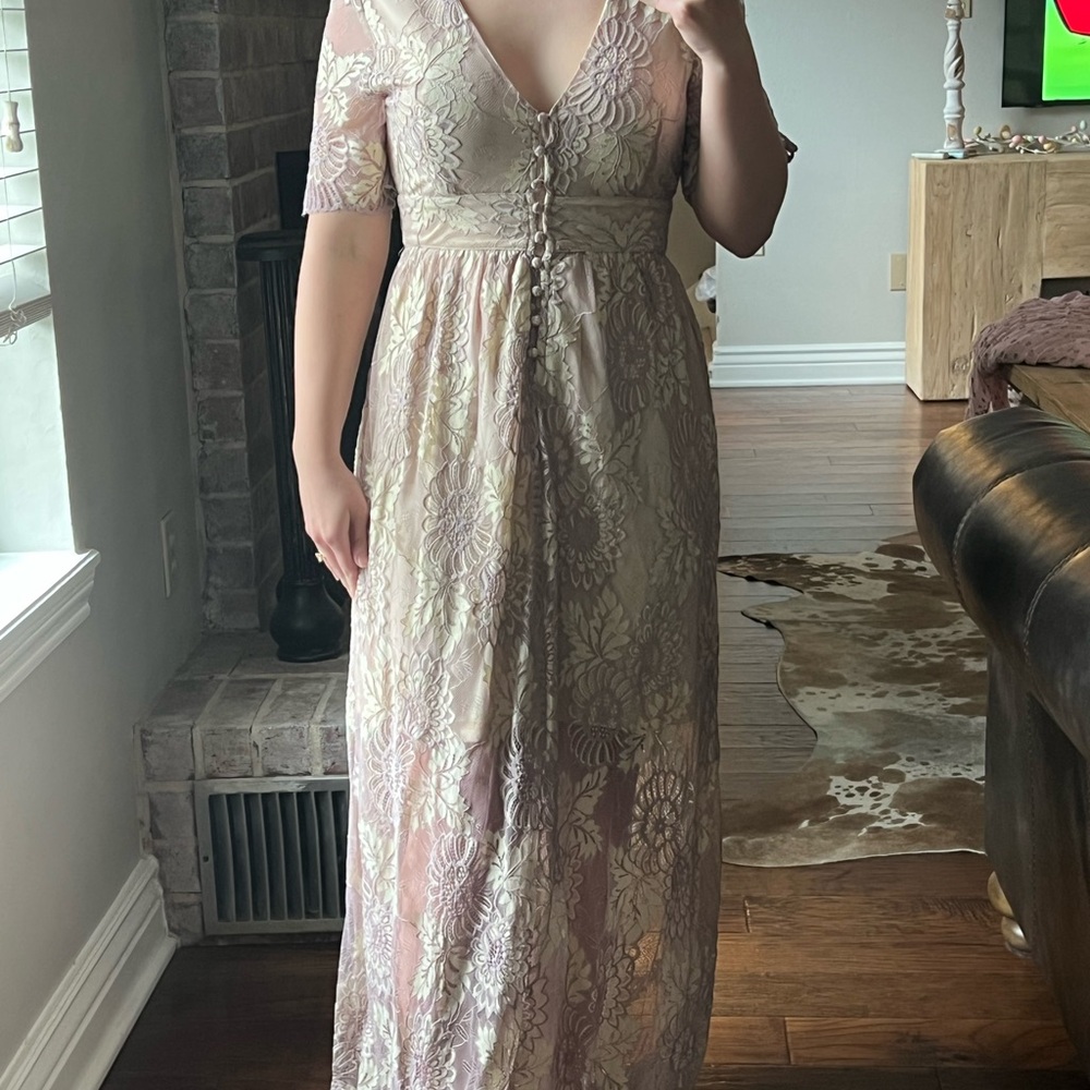 Tan and Lavender Short Sleeve V-Neck Gown